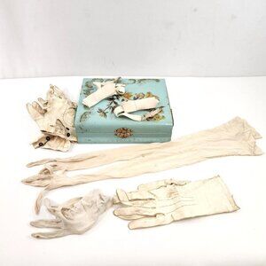 Victorian Era Glove Bowtie Lot w/ Stretcher & Lacquered Box